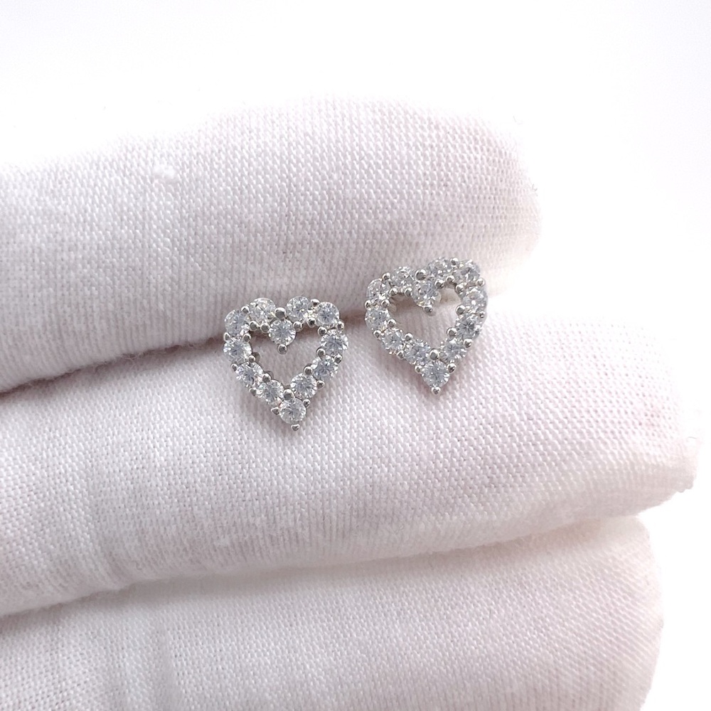 .925 Sterling Silver Open Heart Clear Cz Earrings - Picture 10 of 14